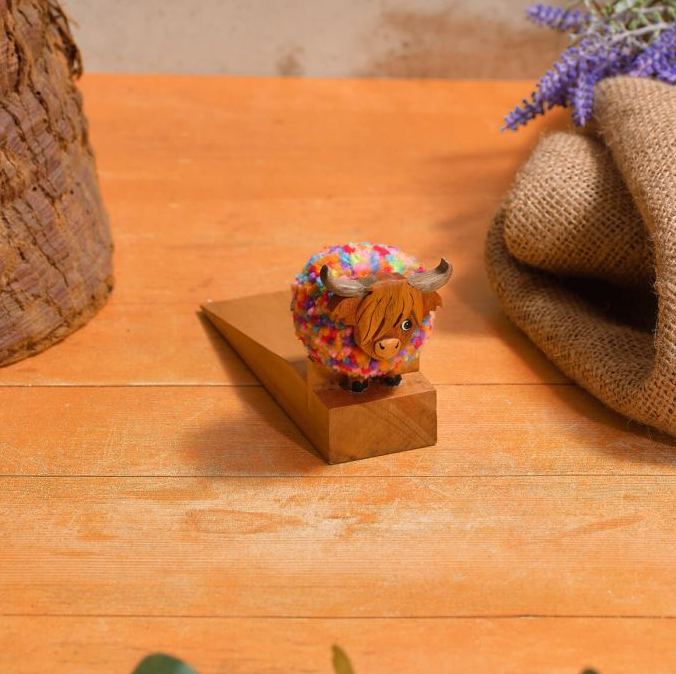 Highland Cow Rainbow Pom Pom Door Wedge