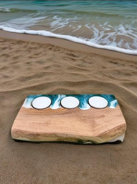 Coastal Olive Wood & Resin Triple Tea Light Holder - Image 2
