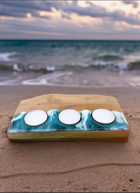 Coastal Olive Wood & Resin Triple Tea Light Holder