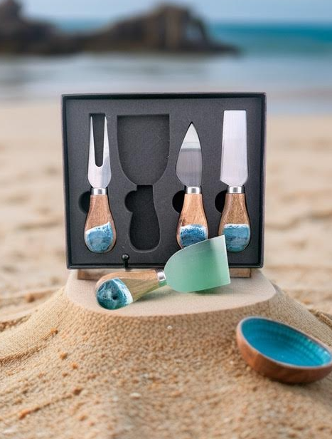 Coastal Olive Wood & Resin Cheese Knife Set - Image 2