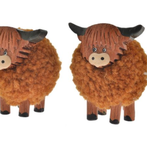 Higland Cow Pom Pom Ornament Wooden With Brown Fleece