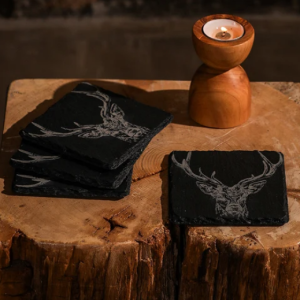 4 Slate Coasters Stag, Thistle, Highland Cow & Country Animals